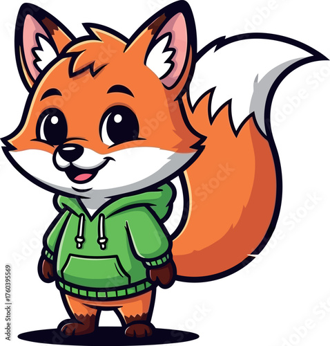 Adorable cartoon fox wearing a green hoodie standing and smiling cute forest animal character design vector