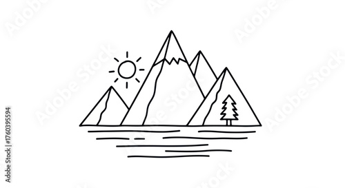 Simple Line Art Illustration of Mountains Sun Tree and Water.
