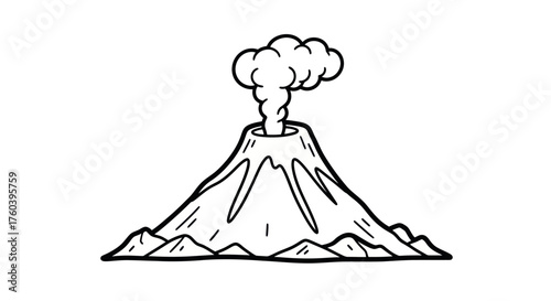 Stylized illustration of an erupting volcano with smoke plume.