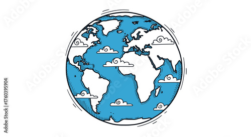 Stylized Earth Globe with Continents Oceans and Clouds Illustration.