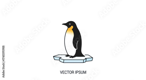A stylized illustration of an emperor penguin standing on a small ice floe.