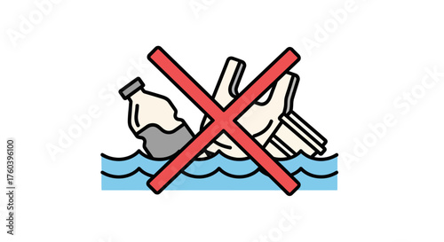 Red prohibition sign over plastic waste floating in water.