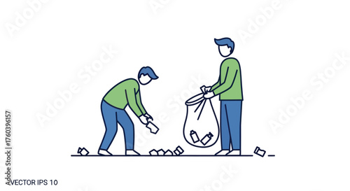 Two people collecting litter into a large bag for environmental cleanup.