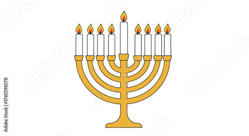 Golden Menorah with Nine Lit Candles Symbol of Hanukkah Celebration.