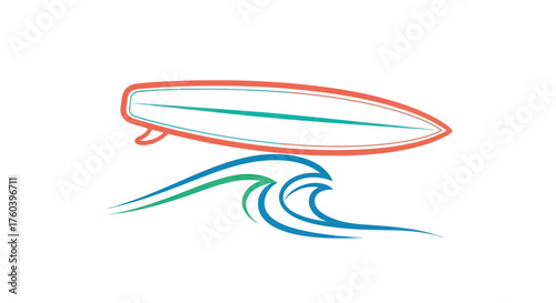 Stylized line art illustration of a surfboard and a cresting ocean wave.