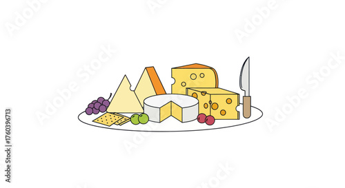 Cheese platter illustration with various cheeses grapes crackers olives and a knife.