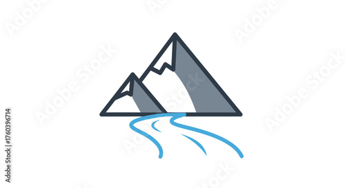 Stylized Mountain Peaks and Flowing River Vector Illustration.