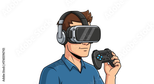 Man wearing virtual reality headset and holding a game controller.