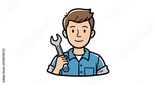Cartoon Man Holding a Wrench Skilled Mechanic Character Illustration.