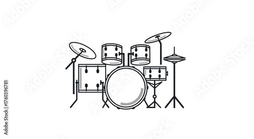 Detailed Line Drawing of a Complete Drum Kit with Cymbals.