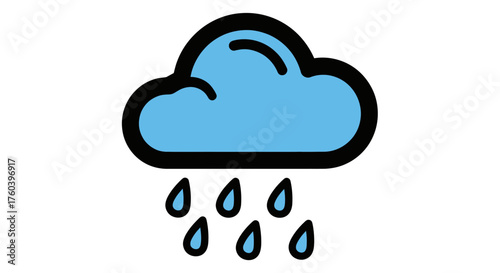 Blue cartoon cloud with falling raindrops representing rain.