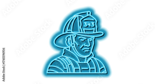 Glowing Neon Blue Firefighter Head Outline with Helmet 343.