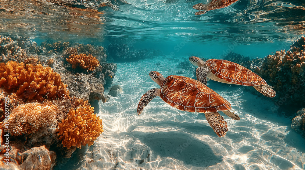 Fototapeta premium 2 sea turtles swimming under the ocean , with beautiful coral clear water.