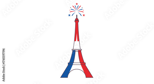 Stylized Eiffel Tower with French Flag Colors and Fireworks.
