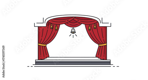Red velvet theater curtains with an illuminated stage and archway.