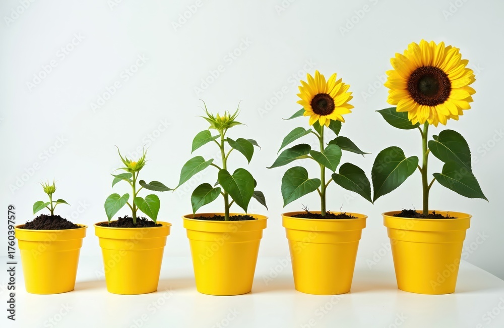 Obraz premium Five potted sunflowers show growth stages from seedling to full bloom. Plants progress in yellow containers against a plain background, illustrating development.