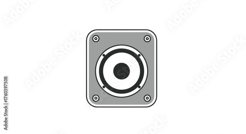 A stylized square speaker icon with a circular diaphragm and four corner screws.
