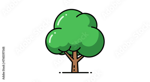 A stylized cartoon illustration of a vibrant green deciduous tree.