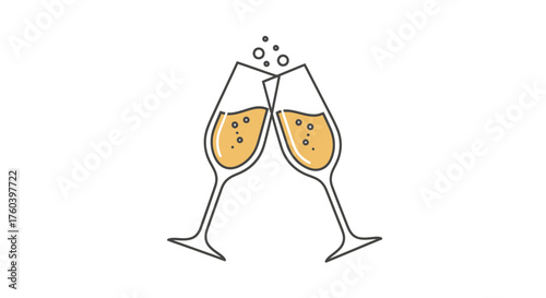 Two champagne flutes clinking with bubbly golden liquid and rising bubbles.