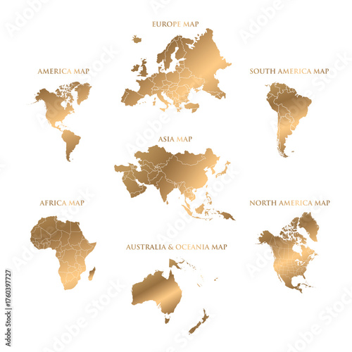 Vector map set of 7 continents, golden color in spiral style Asia Africa Europe South America North America Australia and Oceania Antarctica