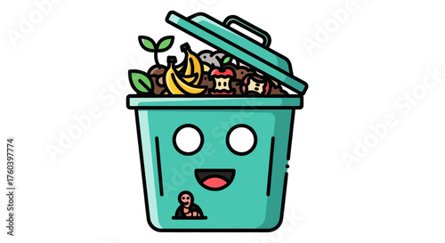 Happy Cartoon Green Trash Can Overflowing with Organic Food Waste.