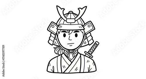 Cartoon illustration of a Japanese samurai warrior in traditional armor and helmet.