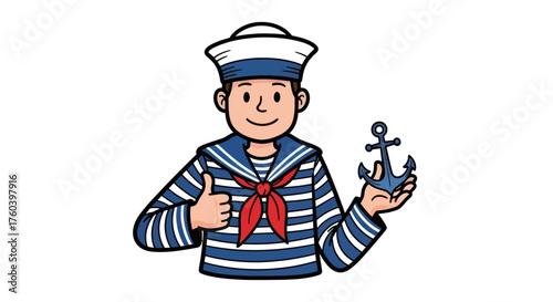 Cheerful Cartoon Sailor in Uniform Holding an Anchor and Giving a Thumbs Up.