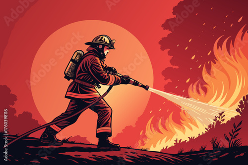 Dynamic Bold Fireman Extinguishing Fire Glowing Ora Professional Photo