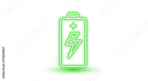 Glowing Green Neon Battery Icon with Lightning Bolt Symbol.