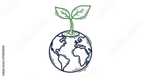 A hand-drawn sketch of a green seedling growing from planet Earth symbolizing ecology and new life.