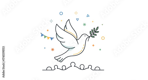Dove of Peace with Olive Branch Minimalist Line Art Illustration.
