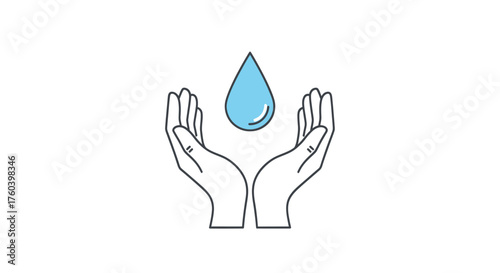 Line Art Illustration of Cupped Hands Protecting a Blue Water Droplet.