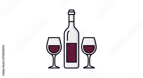 A bottle of red wine with two glasses filled with wine.