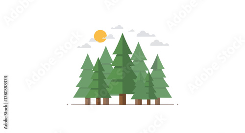 A cluster of stylized green pine trees under a bright sun and clouds.