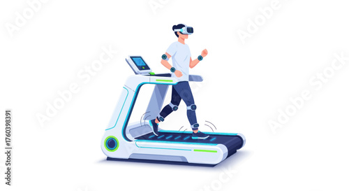 Man running on futuristic treadmill wearing VR headset and motion sensors.