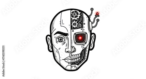 Human and Cyborg Head Illustration with Gears and Red Eye.