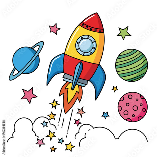 Whimsical rocket soaring through space with planets and stars, perfect for children's books, vibrant educational materials, and playful designs