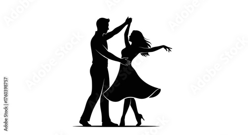 Elegant black silhouette of a romantic couple a man and woman gracefully performing a ballroom dance.