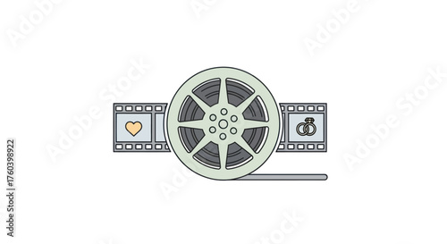 Vintage film reel with wedding and heart symbols on film strip.