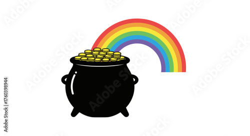 Black Pot Overflowing with Gold Coins Beneath a Vibrant Rainbow.