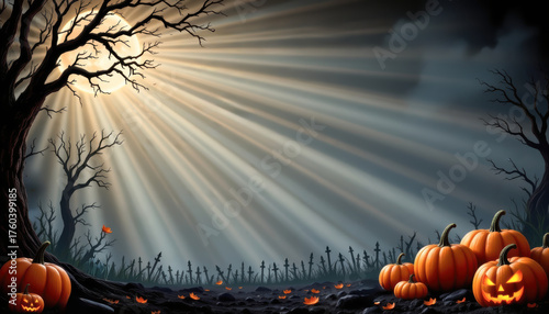 Haunted Halloween Night with Carved Pumpkins and Moonlight
