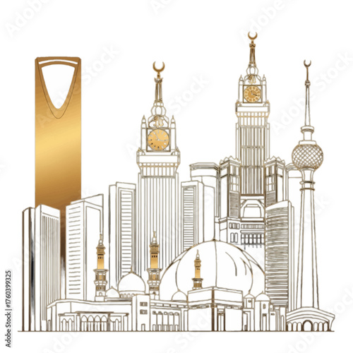 Elegant golden skyline of Mecca with detailed architecture and iconic landmarks, symbolizing faith and prosperity, perfect for travel or cultural themes