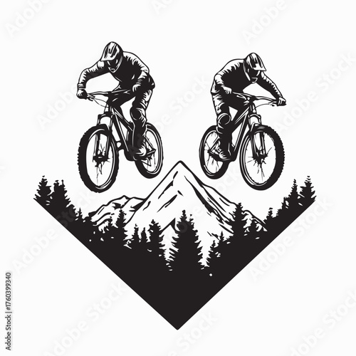 Cyclist Riding Mountain Bike and Jumping in Forest Trail Vector Illustration