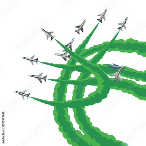 Dynamic airshow display with fighter jets leaving trails of green smoke against a clear sky, perfect for showcasing power, precision, and aerial skill