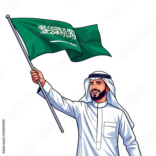 Joyful Saudi Arabian man celebrates national day waving flag with pride, embodying patriotism and cultural identity with a beaming smile
