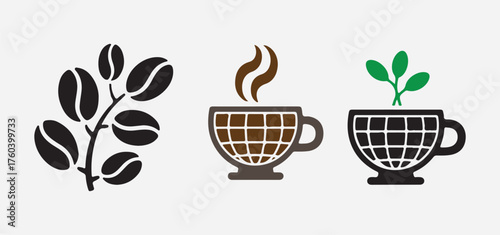 Coffee bean plant coffee cups with steam and plant shoot design