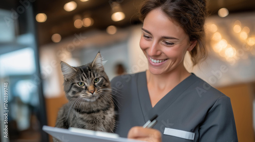 A shelter employee filling out adoption paperwork with a happy new pet owner holding their rescued cat representing responsible adoption community culture trust and the joy
