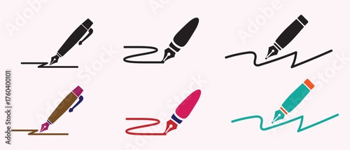 Fountain pens illustration in different colors and styles drawing lines