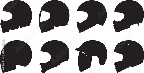 Variety of Motorcycle Helmet Styles in Bold Black Silhouette Design