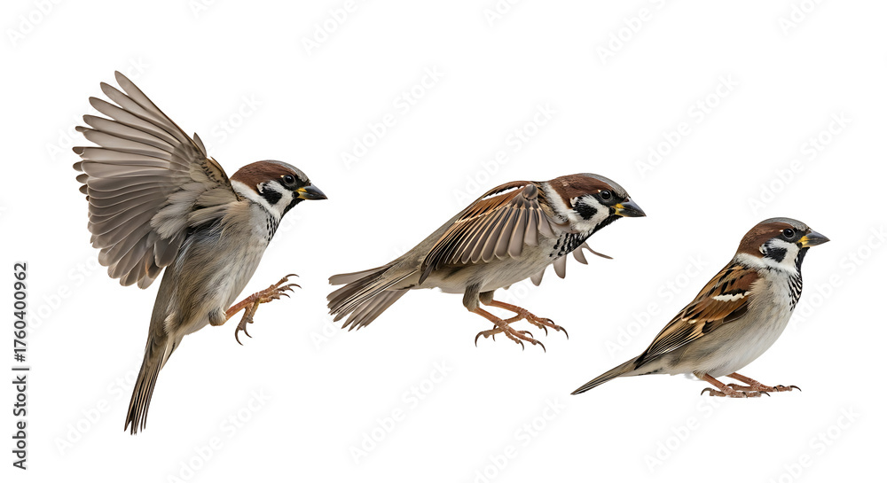 Fototapeta premium Three Sparrows in Flight and Perched on White Background.